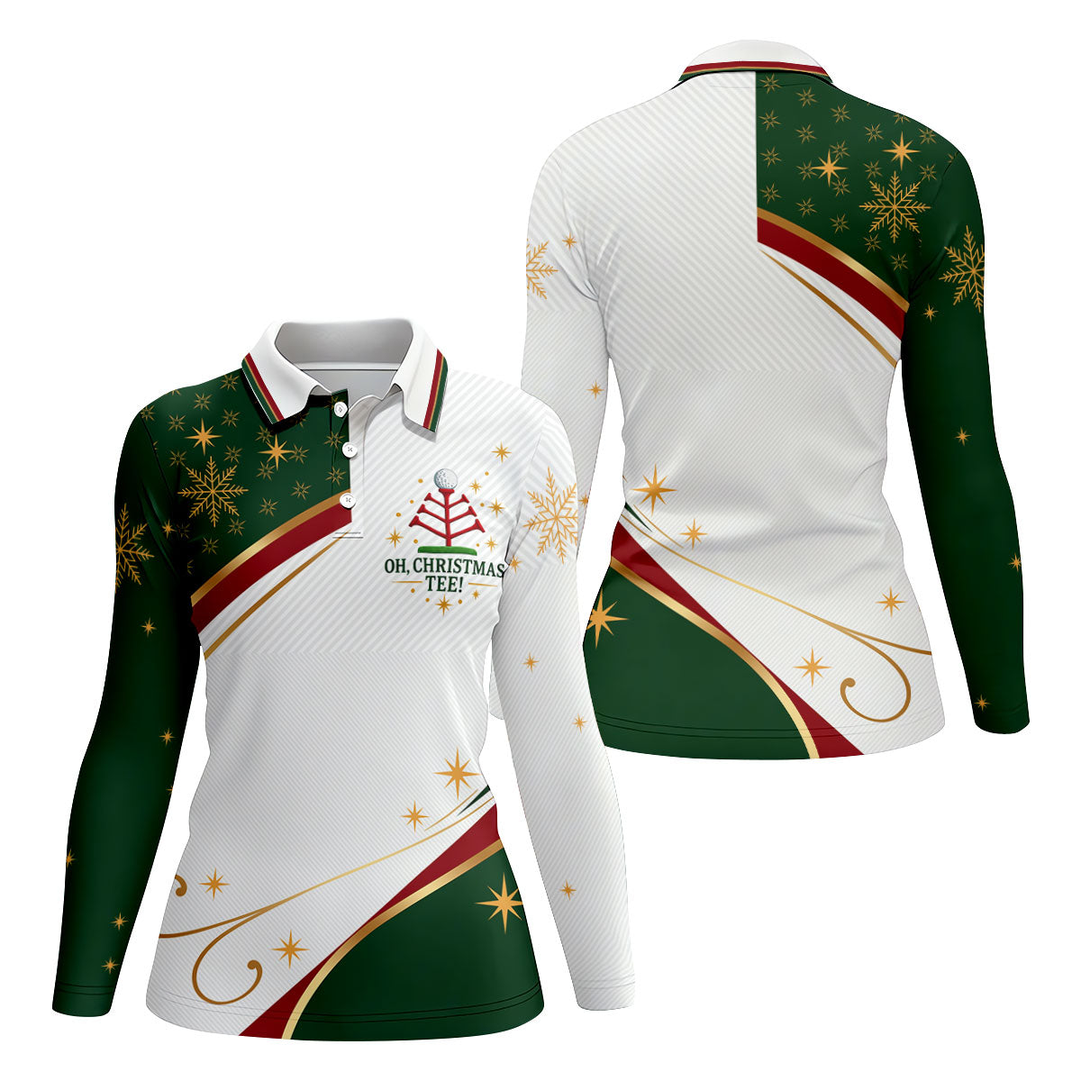 Green Gold Tree Christmas Golf Polo, Womens Golf Tops, Women's Long Sleeve Golf Shirt