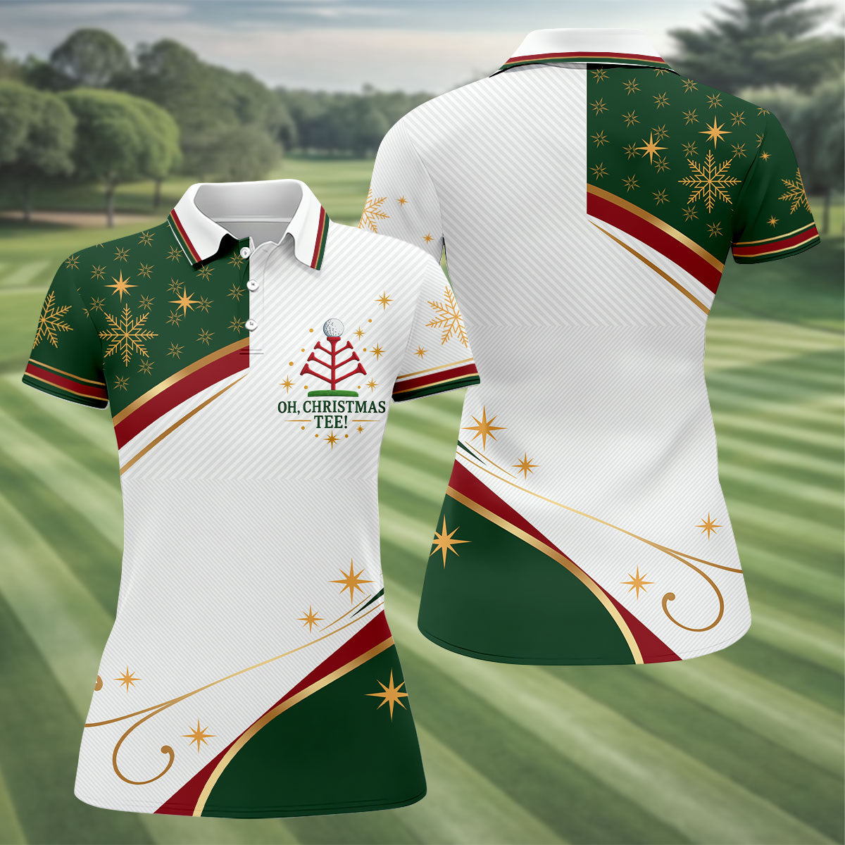 Green Gold Tree Christmas Golf Polo, Womens Golf Tops, Women's Long Sleeve Golf Shirt