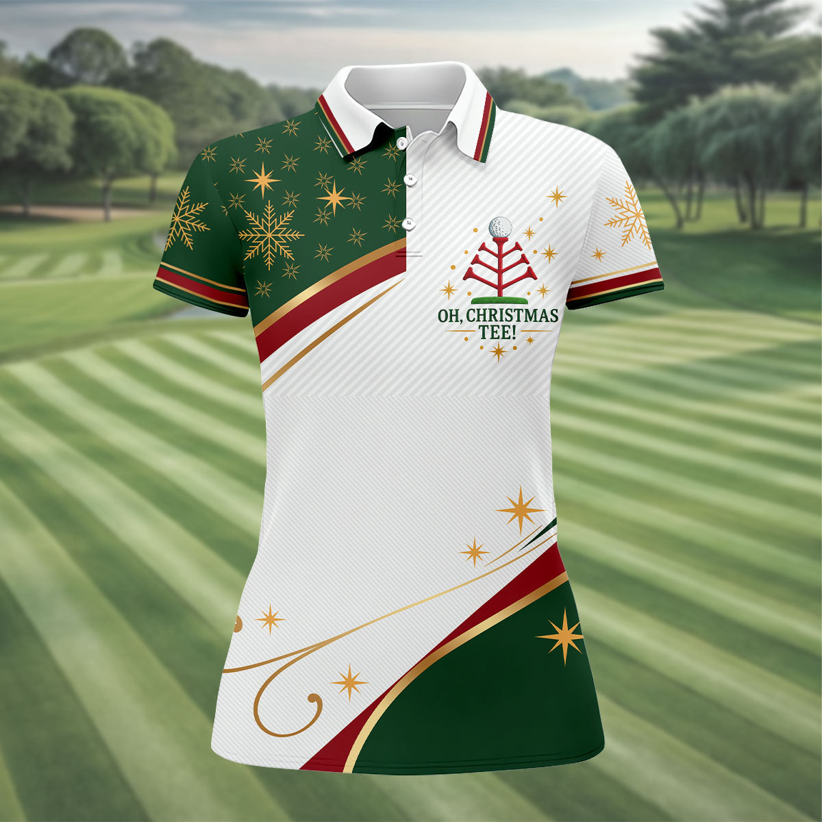 Green Gold Tree Christmas Golf Polo, Womens Golf Tops, Women's Long Sleeve Golf Shirt