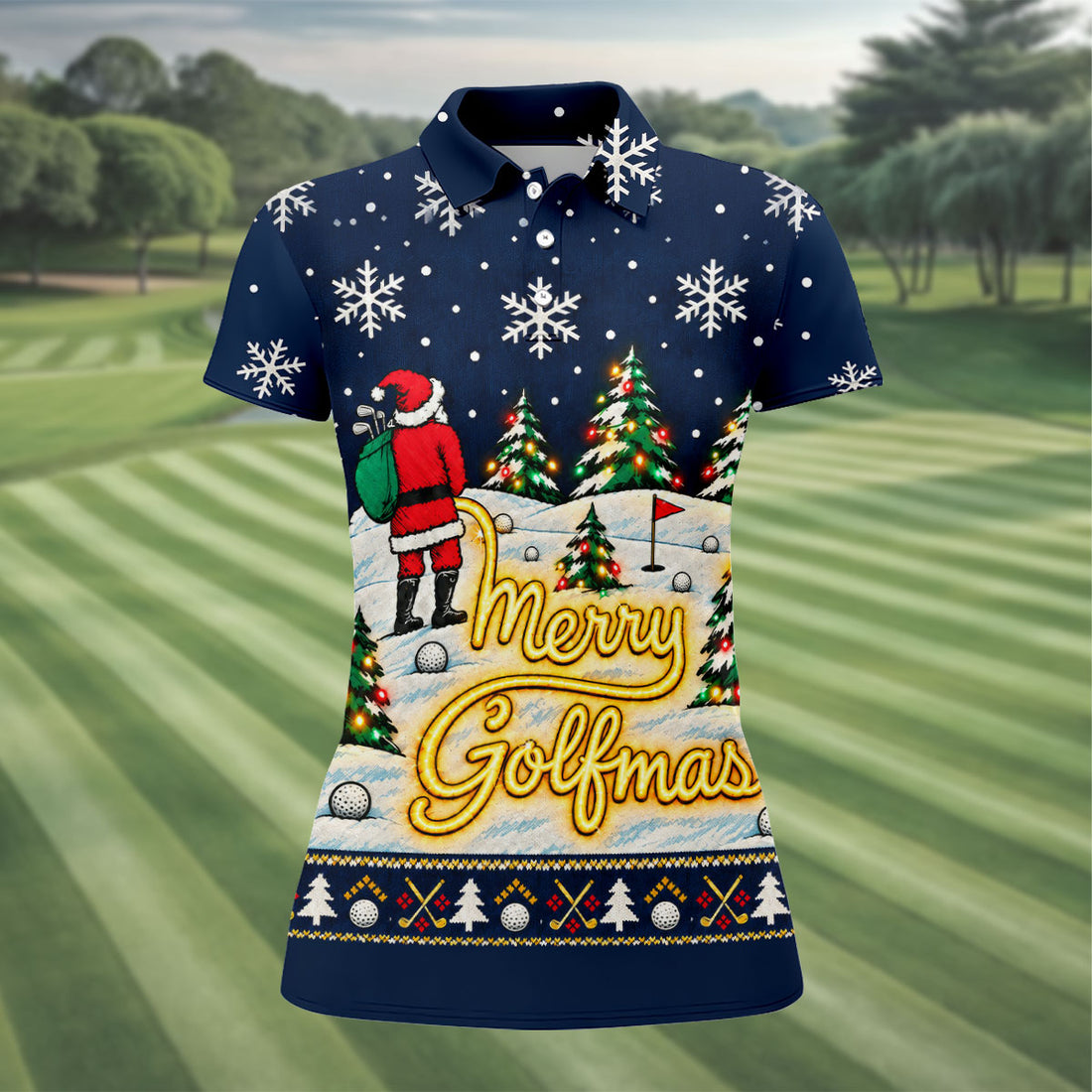 Navy Merry Golfmas Christmas Golf Polo, Golf Polo For Women, Golf Tops For Women