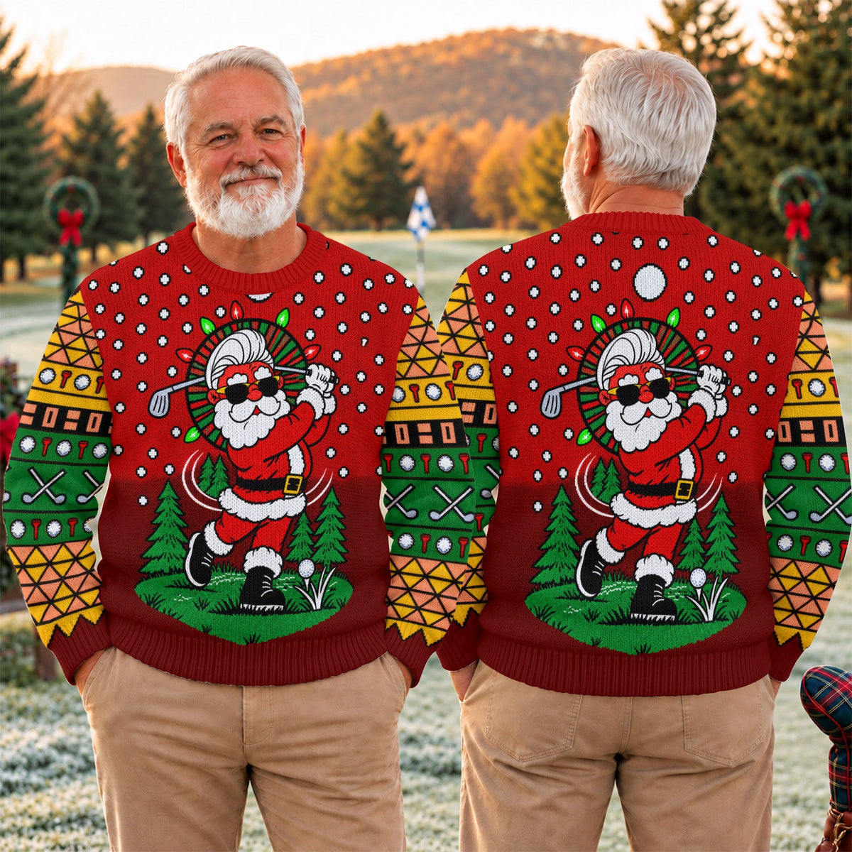 Cartoon Santa Golf Ugly Christmas Sweater, Holiday Party Sweater, Christmas Golf Gift