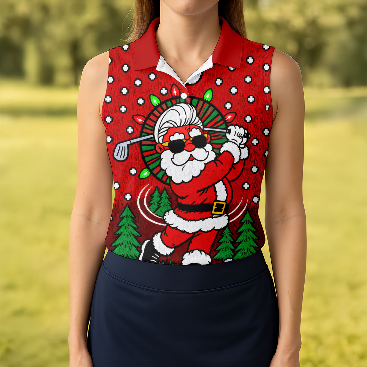 Red Cartoon Santa Christmas Golf Polo, Golf Shirts For Women, Golf Polo For Women