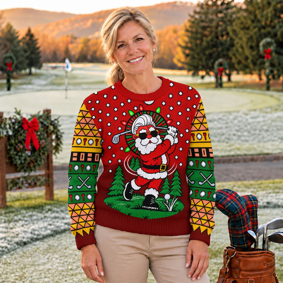 Cartoon Santa Golf Ugly Christmas Sweater, Holiday Party Sweater, Christmas Golf Gift