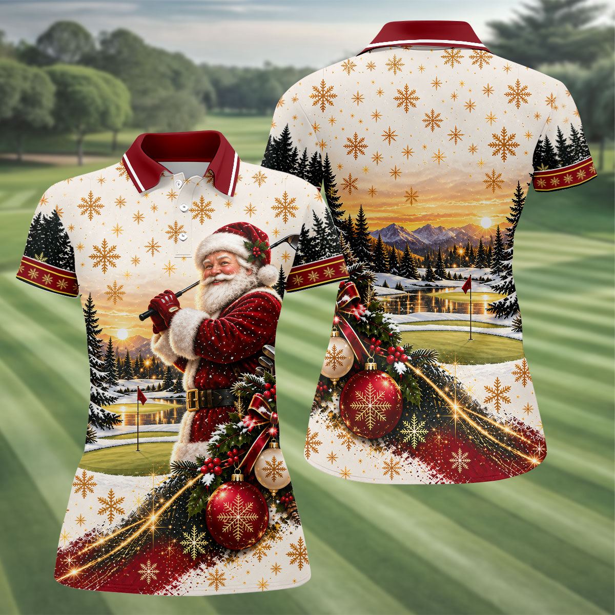 Vintage Santa Winter Christmas Golf Polo, Golf Polo For Women, Ladies Golf Shirts