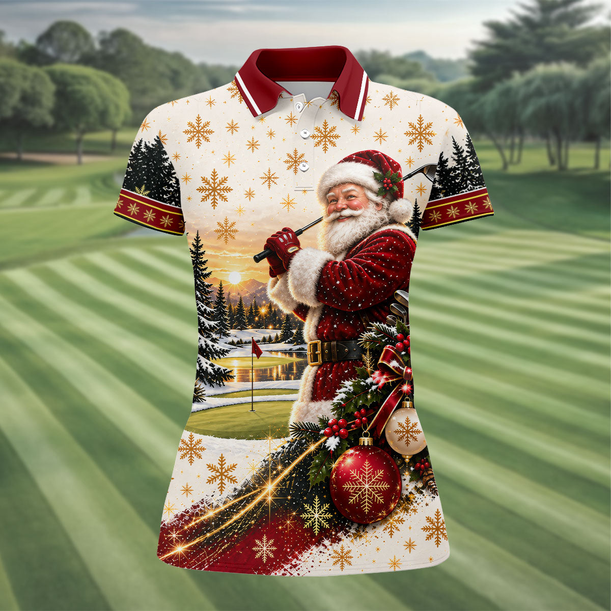 Vintage Santa Winter Christmas Golf Polo, Golf Polo For Women, Ladies Golf Shirts