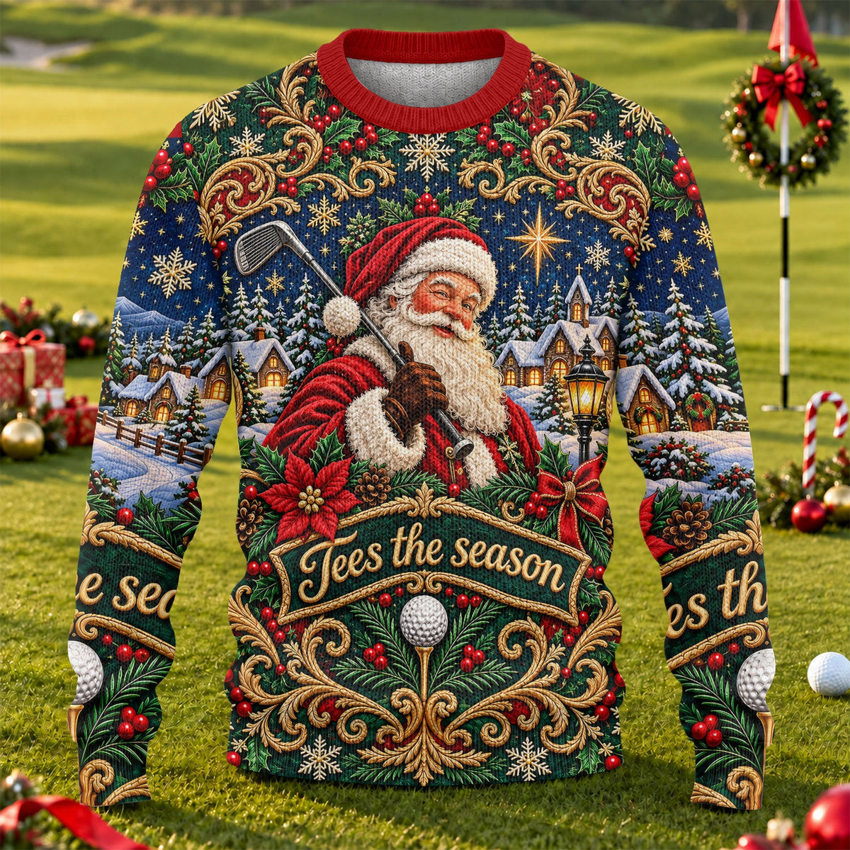 Tees The Season Santa Ugly Christmas Sweater, Ugly Sweater Party, Christmas Golf Gift
