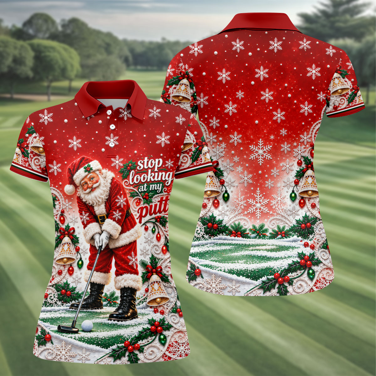 Red Snowflake Santa Putt Christmas Golf Polo, Womens Golf Tops, Ladies Golf Tops