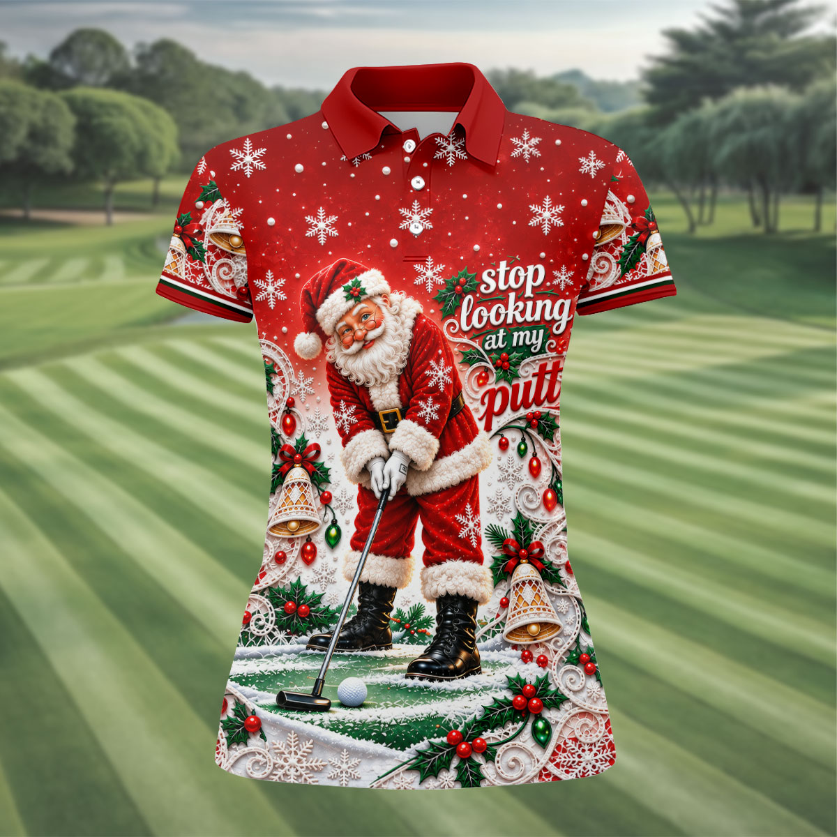 Red Snowflake Santa Putt Christmas Golf Polo, Womens Golf Tops, Ladies Golf Tops