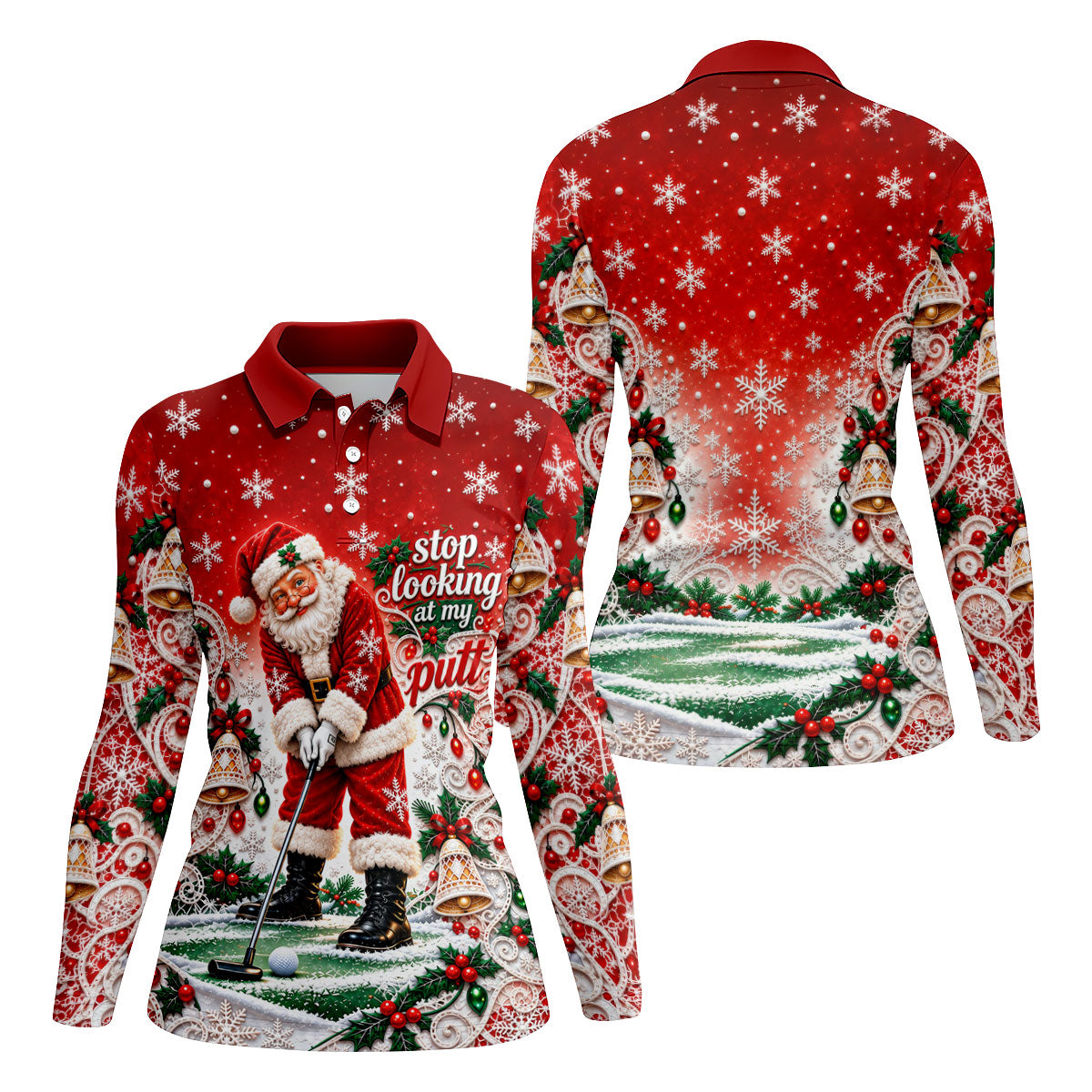 Red Snowflake Santa Putt Christmas Golf Polo, Womens Golf Tops, Ladies Golf Tops