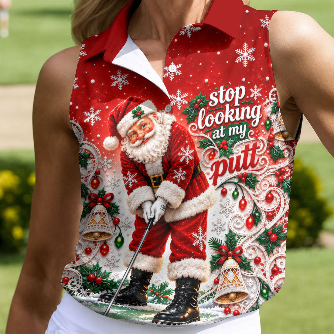 Red Snowflake Santa Putt Christmas Golf Polo, Womens Golf Tops, Ladies Golf Tops