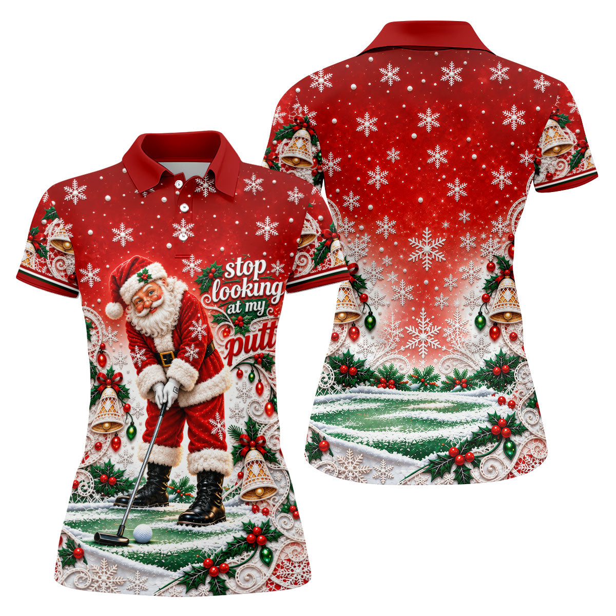 Red Snowflake Santa Putt Christmas Golf Polo, Womens Golf Tops, Ladies Golf Tops