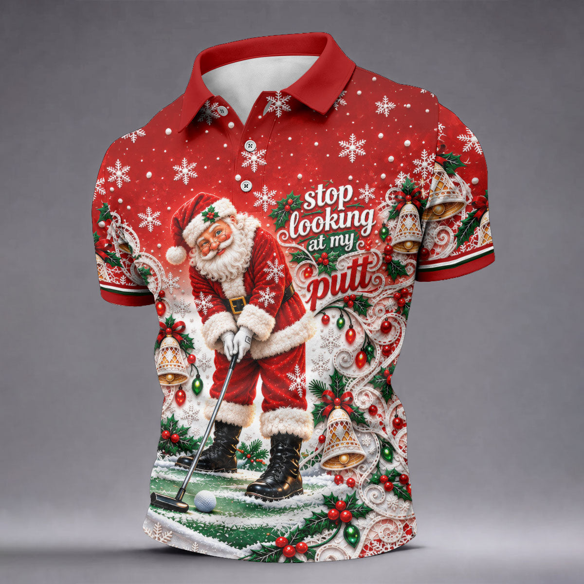 Red Snowflake Santa Putt Christmas Golf Polo, Mens Polo Shirts, Golf Shirts For Men
