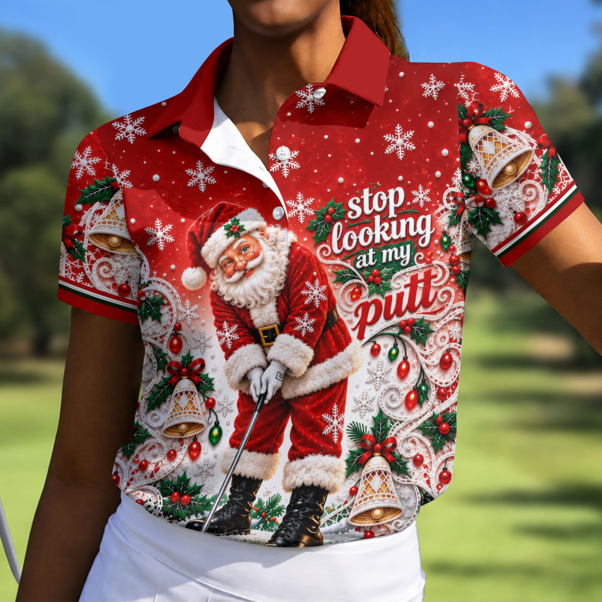 Red Snowflake Santa Putt Christmas Golf Polo, Womens Golf Tops, Ladies Golf Tops