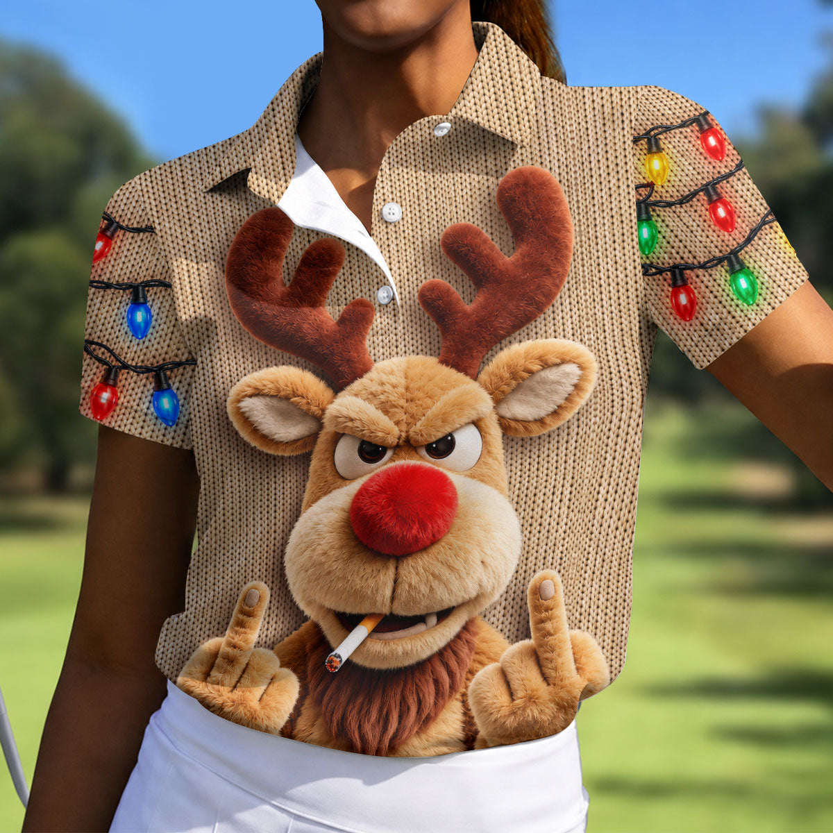 Funny Rude Reindeer Christmas Golf Polo, Ladies Golf Shirts, Golf Shirts For Women