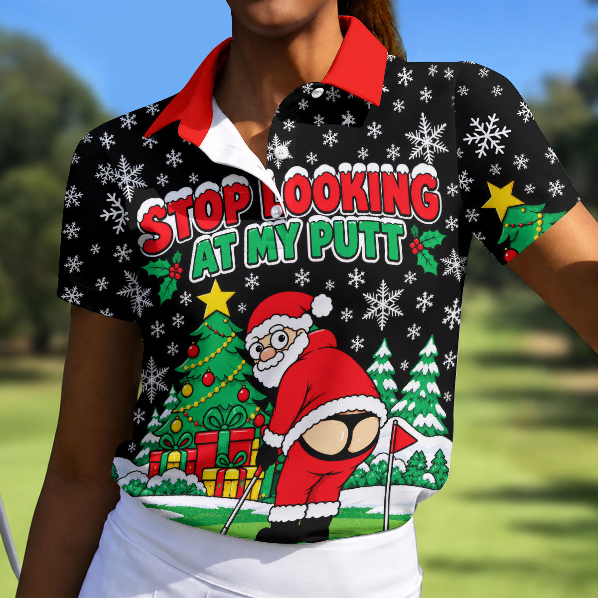 Stop Looking At My Putt Christmas Golf Shirt, Ladies Golf Shirts, Ladies Golf Apparel