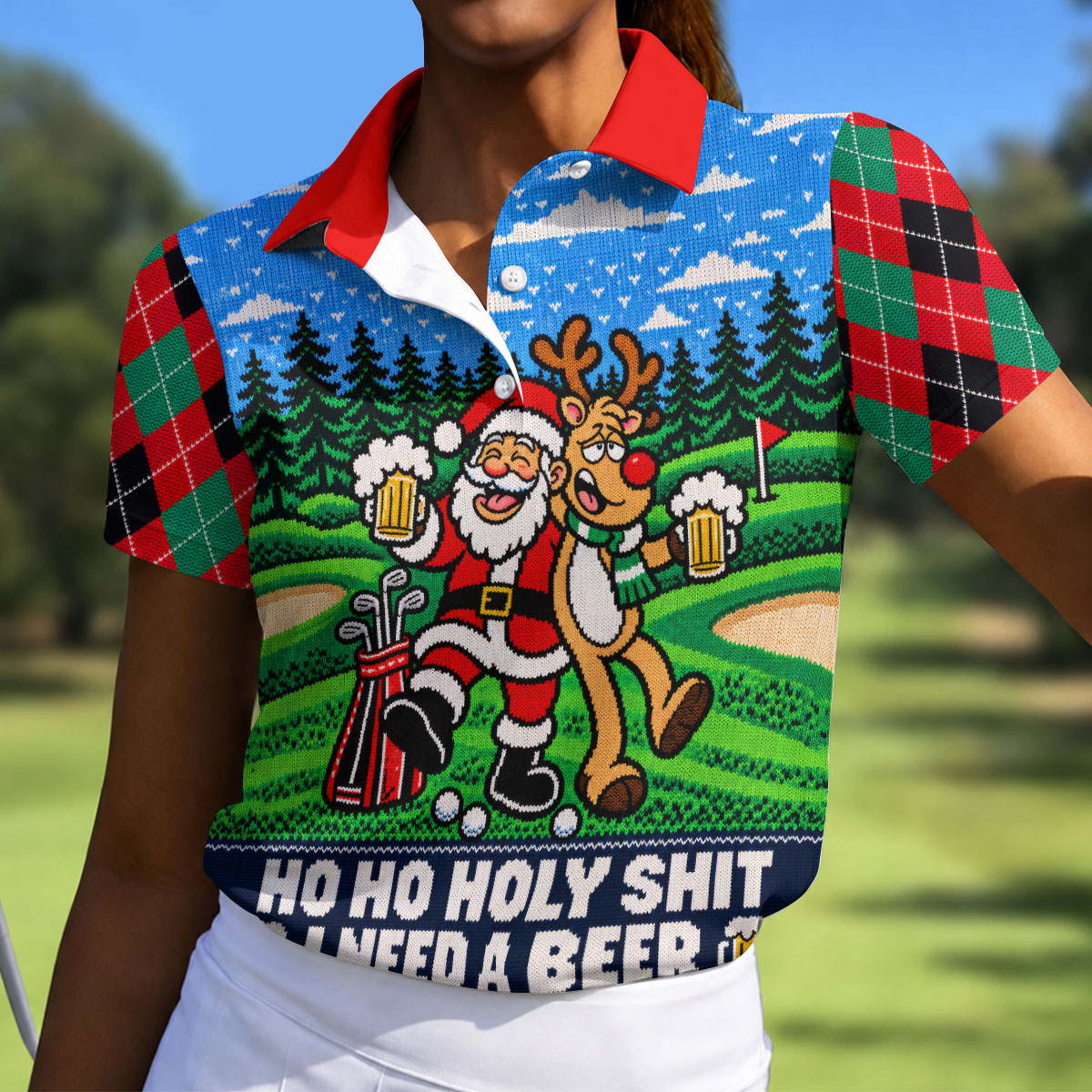 Santa Reindeer Beer Christmas Golf Shirt, Ladies Golf Shirts, Womens Golf Apparel
