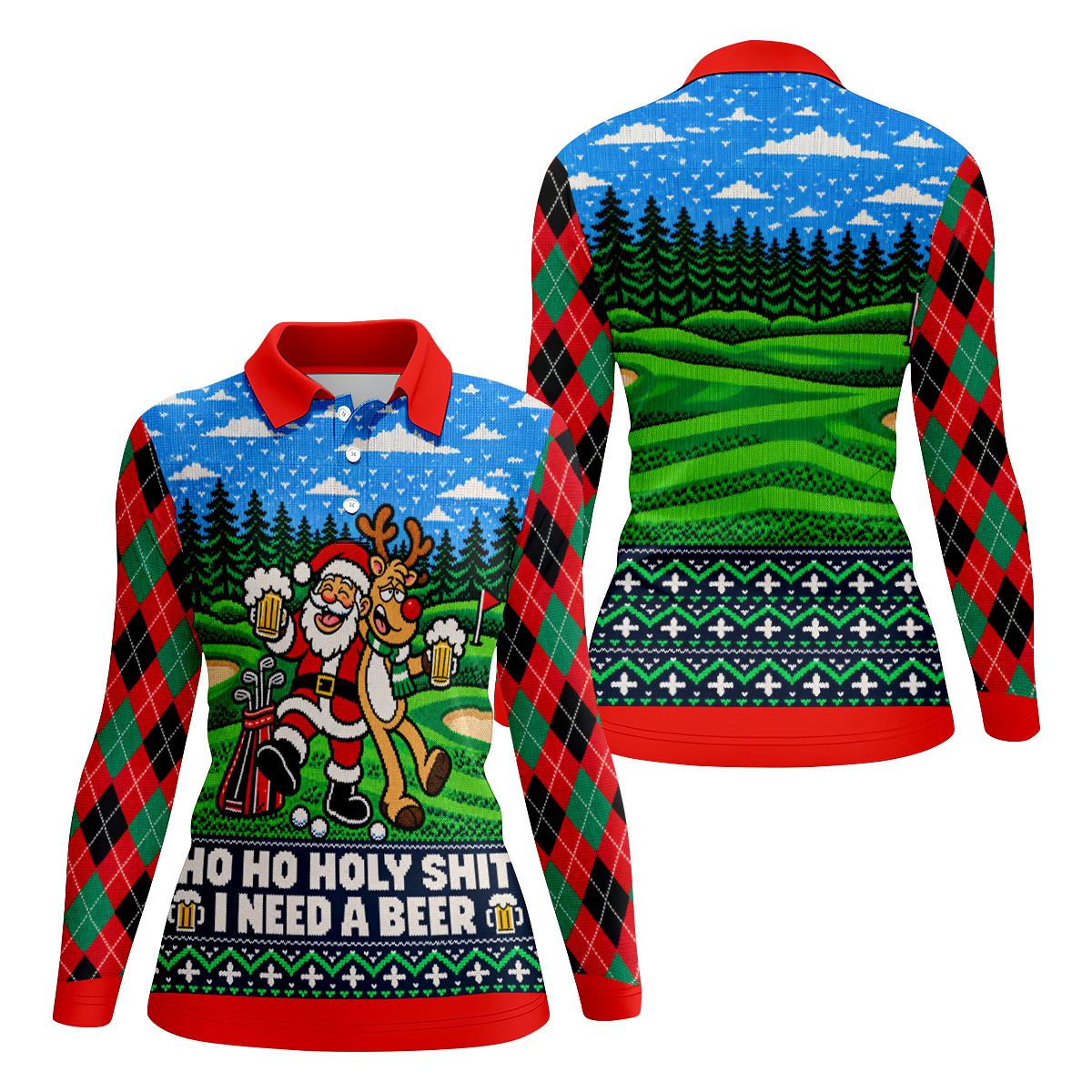 Santa Reindeer Beer Christmas Golf Shirt, Ladies Golf Shirts, Womens Golf Apparel