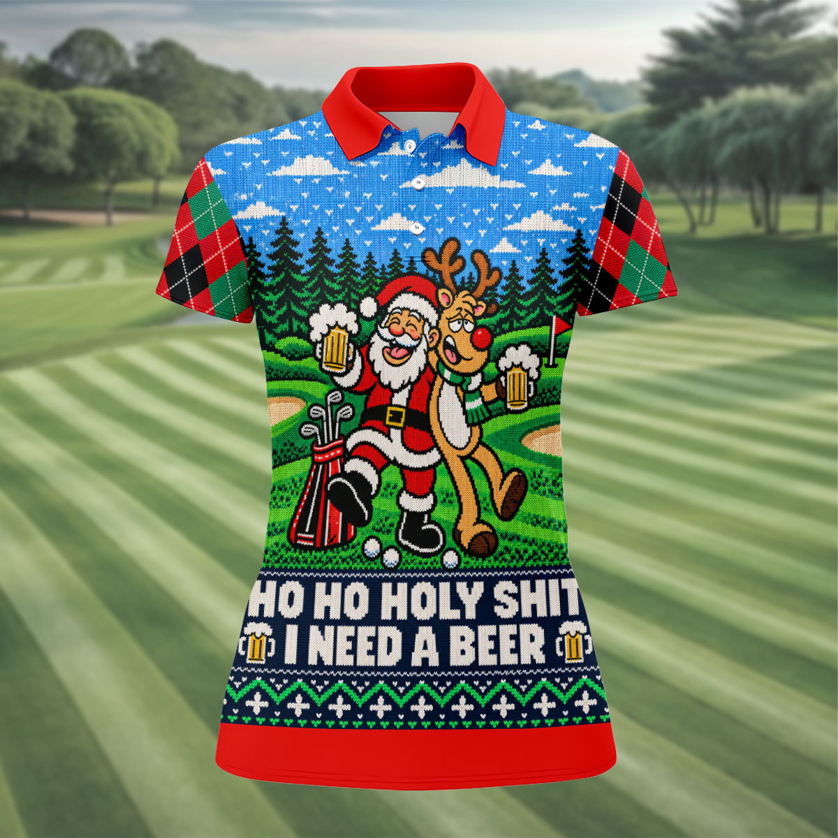 Santa Reindeer Beer Christmas Golf Shirt, Ladies Golf Shirts, Womens Golf Apparel