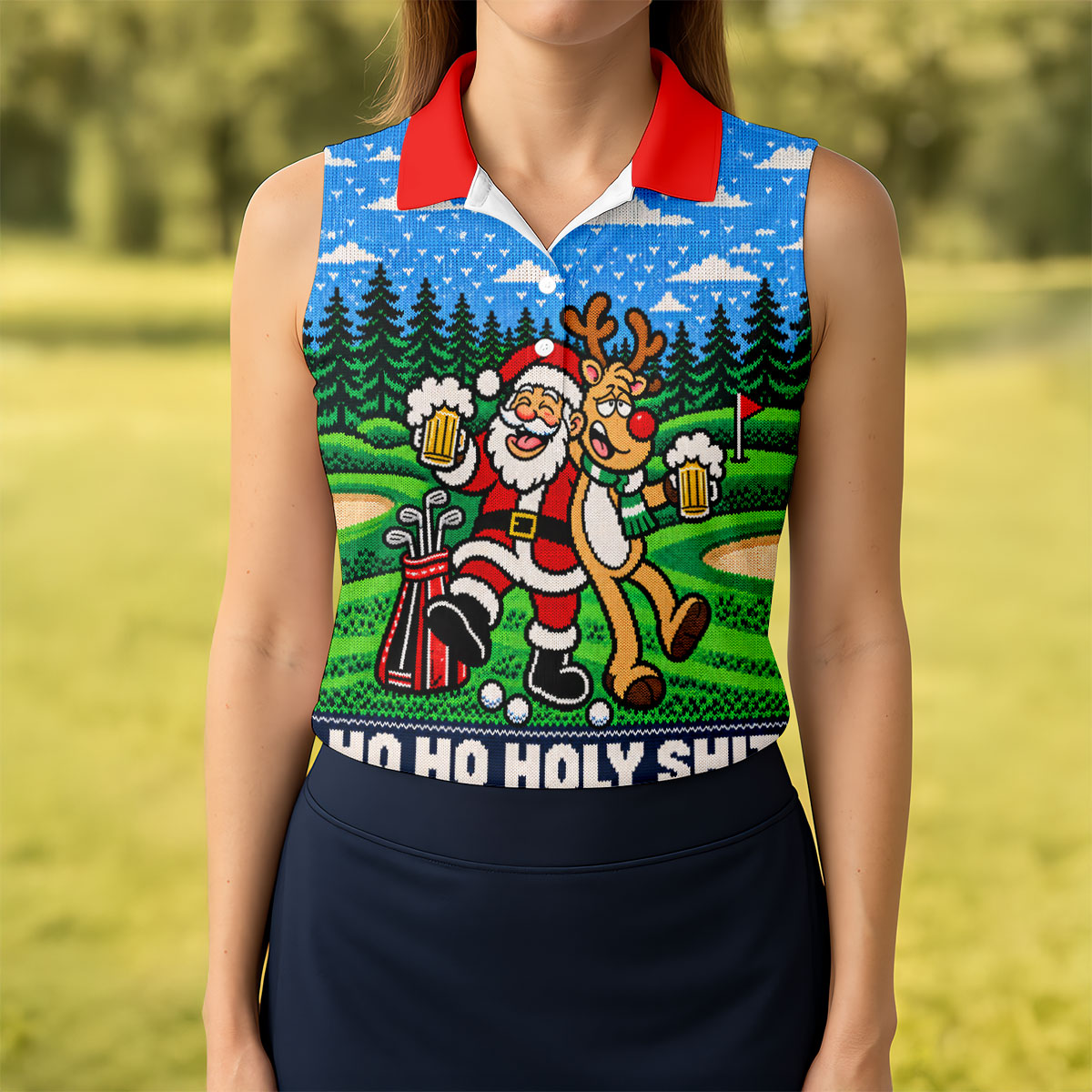 Santa Reindeer Beer Christmas Golf Shirt, Ladies Golf Shirts, Womens Golf Apparel