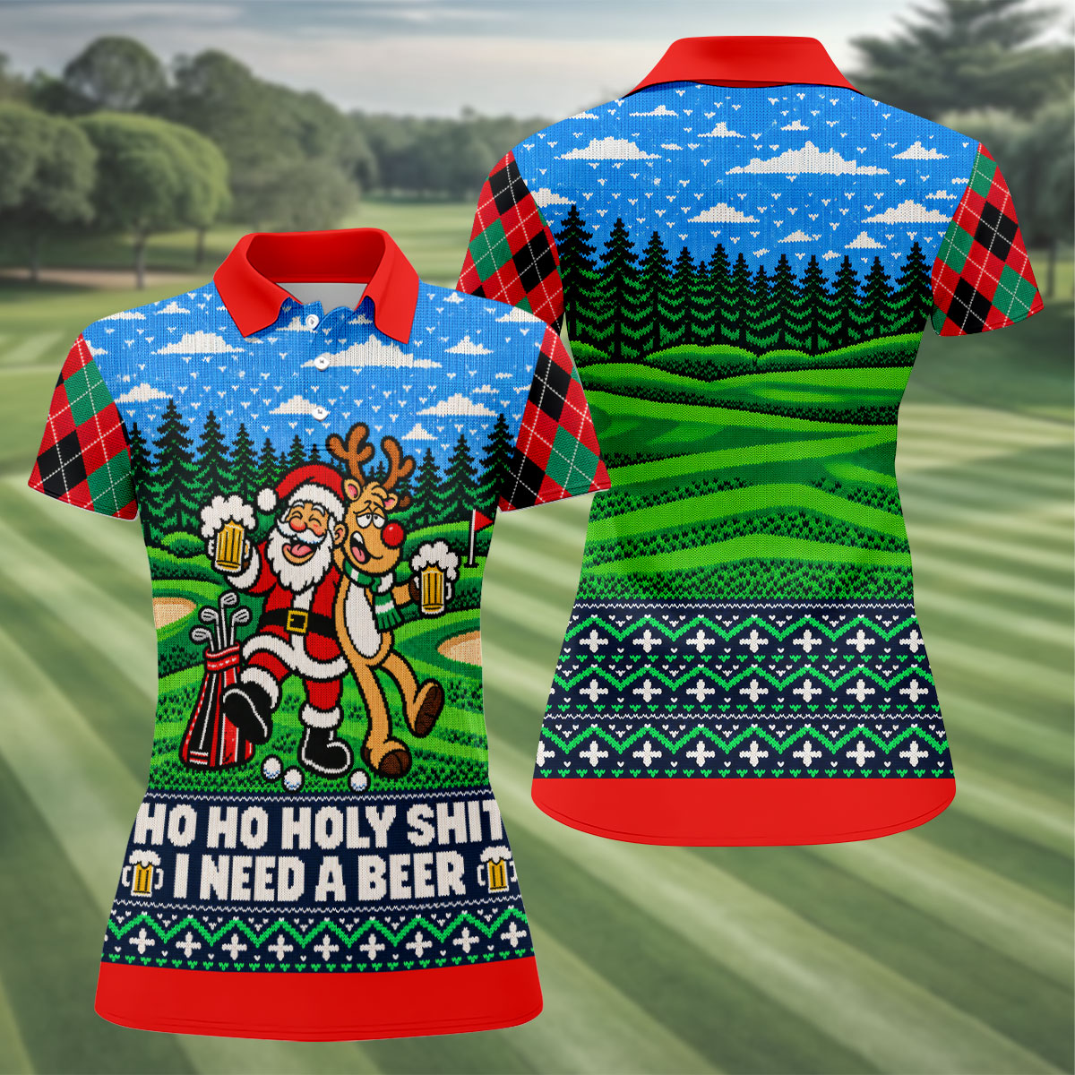 Santa Reindeer Beer Christmas Golf Shirt, Ladies Golf Shirts, Womens Golf Apparel