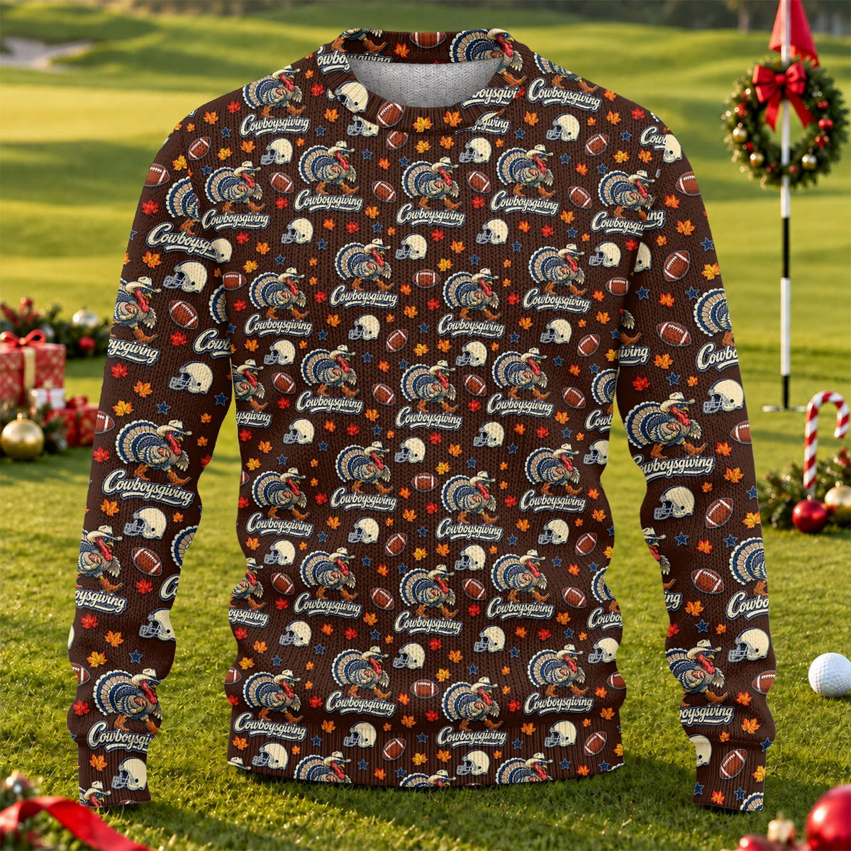 Ugly Christmas Sweater Cowboysgiving Shirt, Thanksgiving Brown Football, Gift for Fan