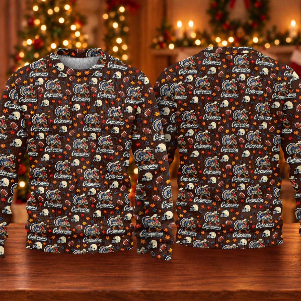 Ugly Christmas Sweater Cowboysgiving Shirt, Thanksgiving Brown Football, Gift for Fan