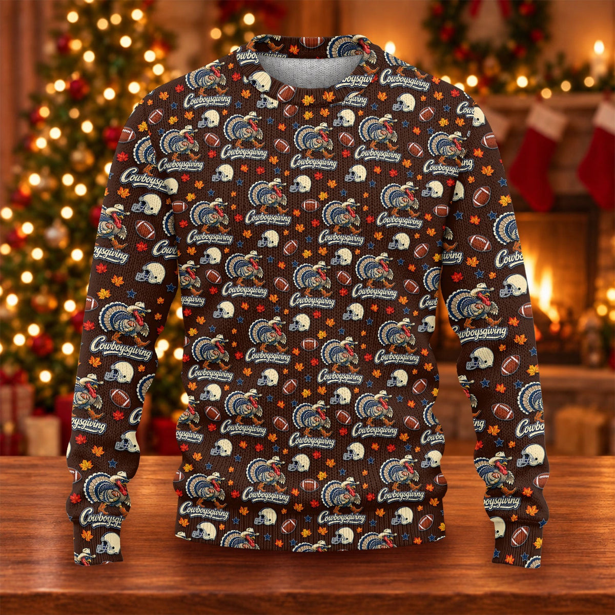 Ugly Christmas Sweater Cowboysgiving Shirt, Thanksgiving Brown Football, Gift for Fan