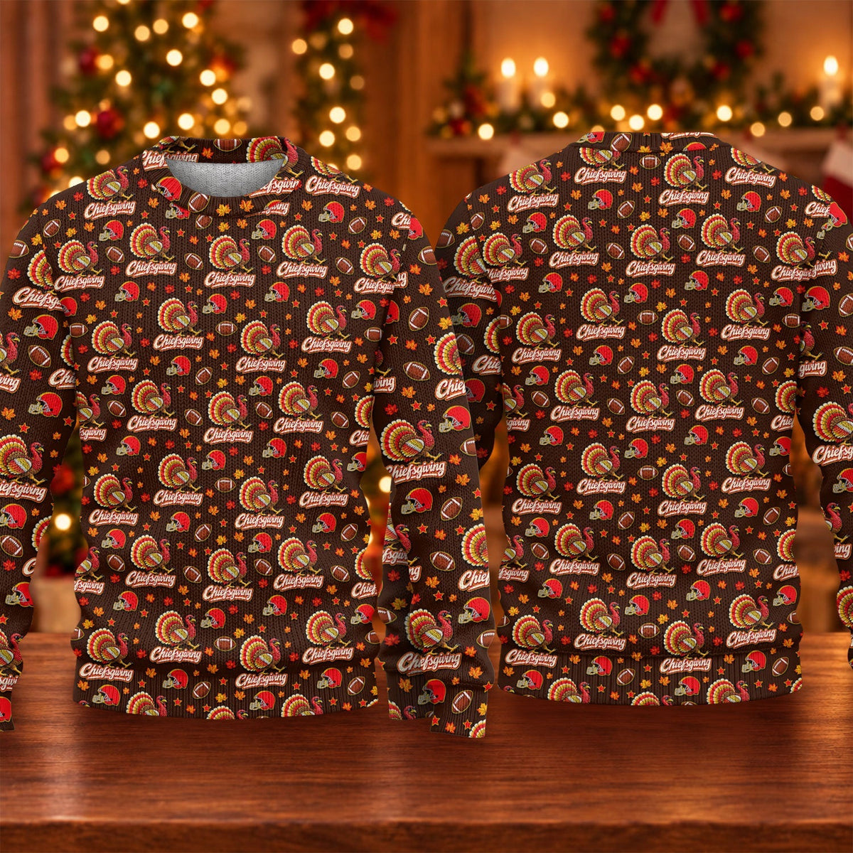 Ugly Christmas Sweater Chiefsgiving Shirt, Thanksgiving Brown Football, Family Feast