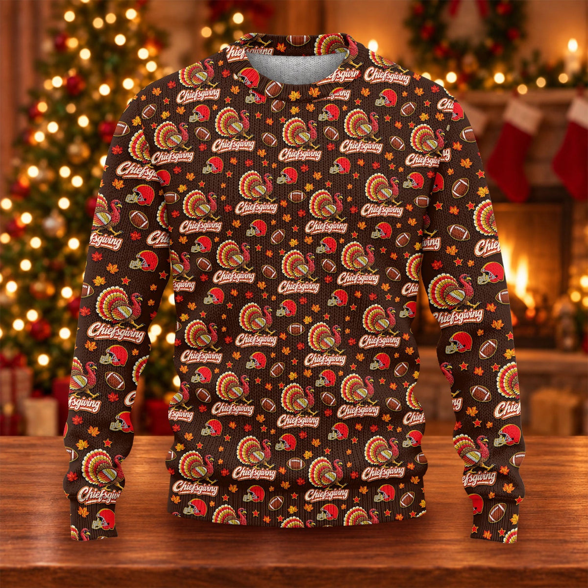 Ugly Christmas Sweater Chiefsgiving Shirt, Thanksgiving Brown Football, Family Feast