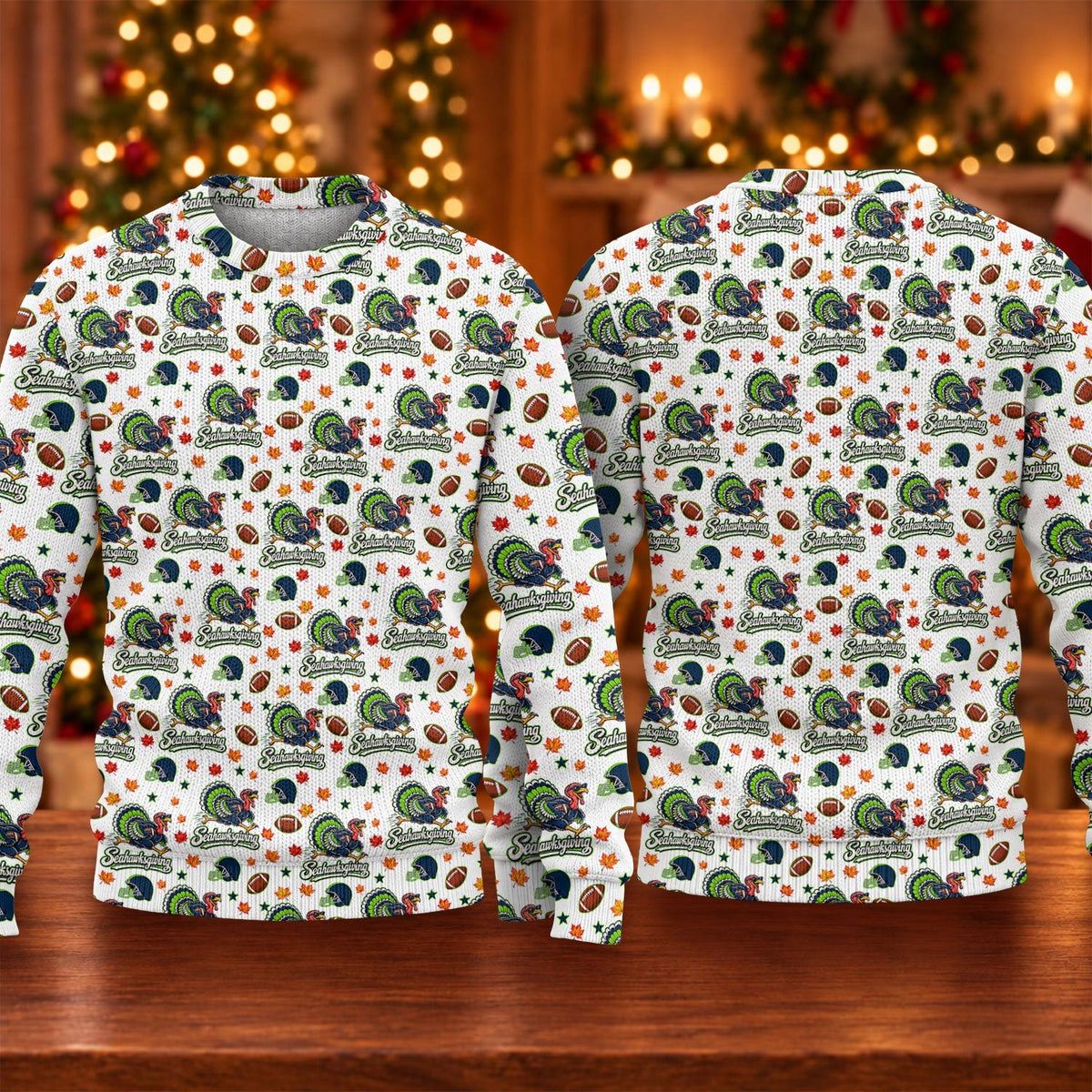 Ugly Christmas Sweater Seahawksgiving Shirt, Thanksgiving White Football, Fan Club