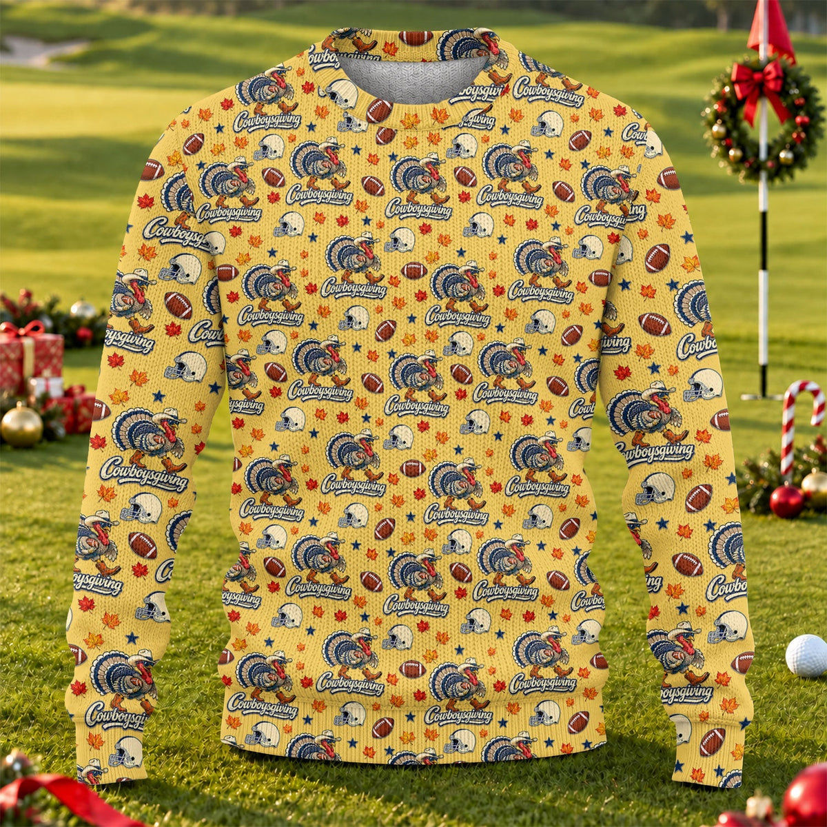 Ugly Christmas Sweater Cowboysgiving Shirt, Thanksgiving Yellow Football, Dinner Gift