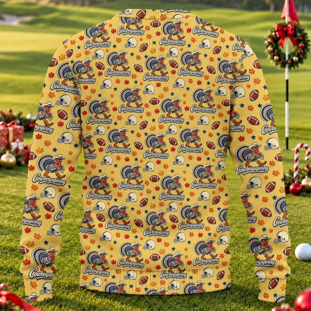 Ugly Christmas Sweater Cowboysgiving Shirt, Thanksgiving Yellow Football, Dinner Gift