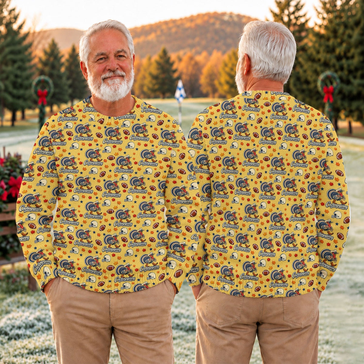 Ugly Christmas Sweater Cowboysgiving Shirt, Thanksgiving Yellow Football, Dinner Gift