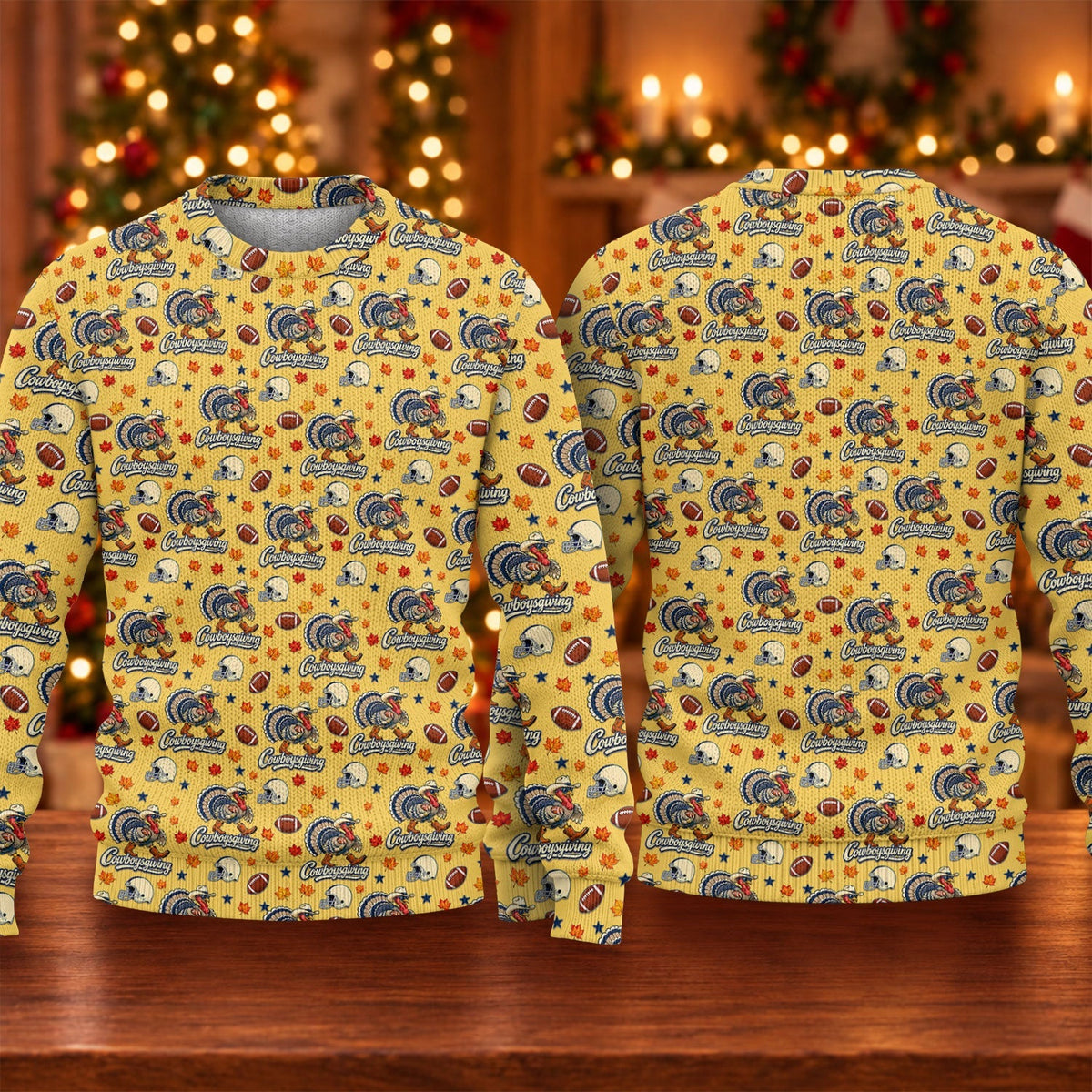 Ugly Christmas Sweater Cowboysgiving Shirt, Thanksgiving Yellow Football, Dinner Gift