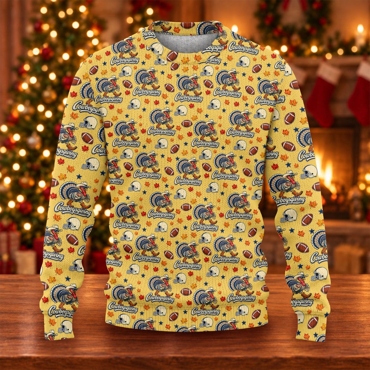 Ugly Christmas Sweater Cowboysgiving Shirt, Thanksgiving Yellow Football, Dinner Gift