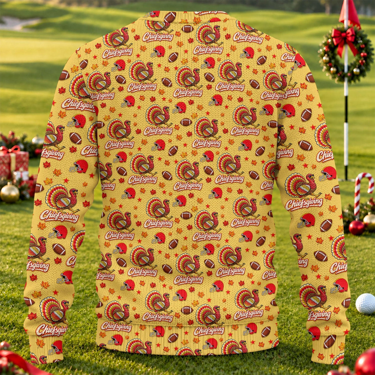 Ugly Christmas Sweater Chiefsgiving Shirt, Thanksgiving Yellow Football, Holiday Gift
