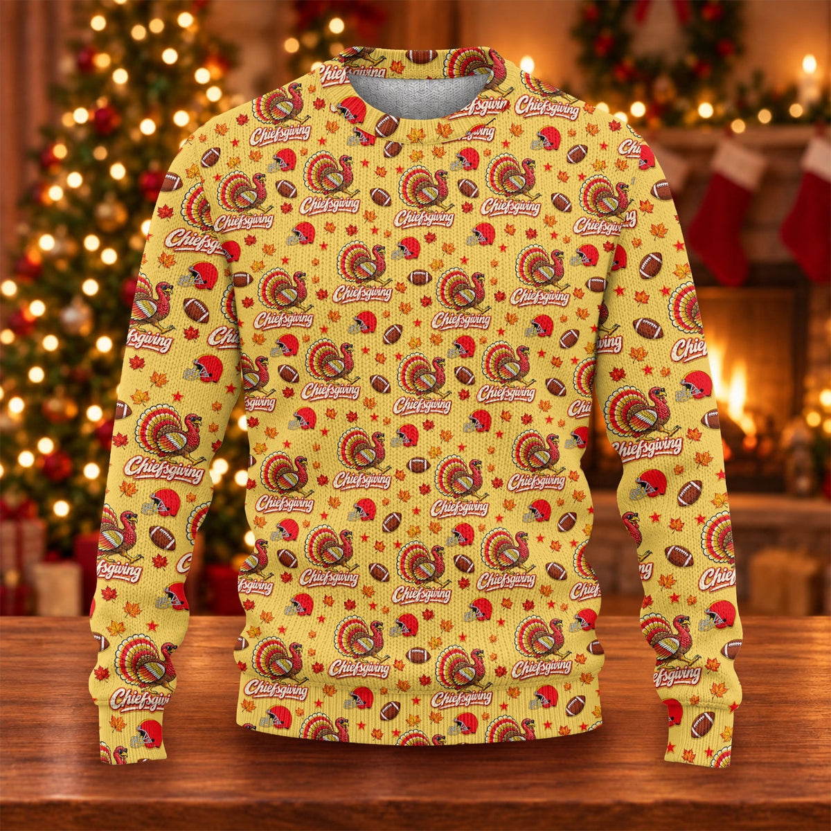Ugly Christmas Sweater Chiefsgiving Shirt, Thanksgiving Yellow Football, Holiday Gift