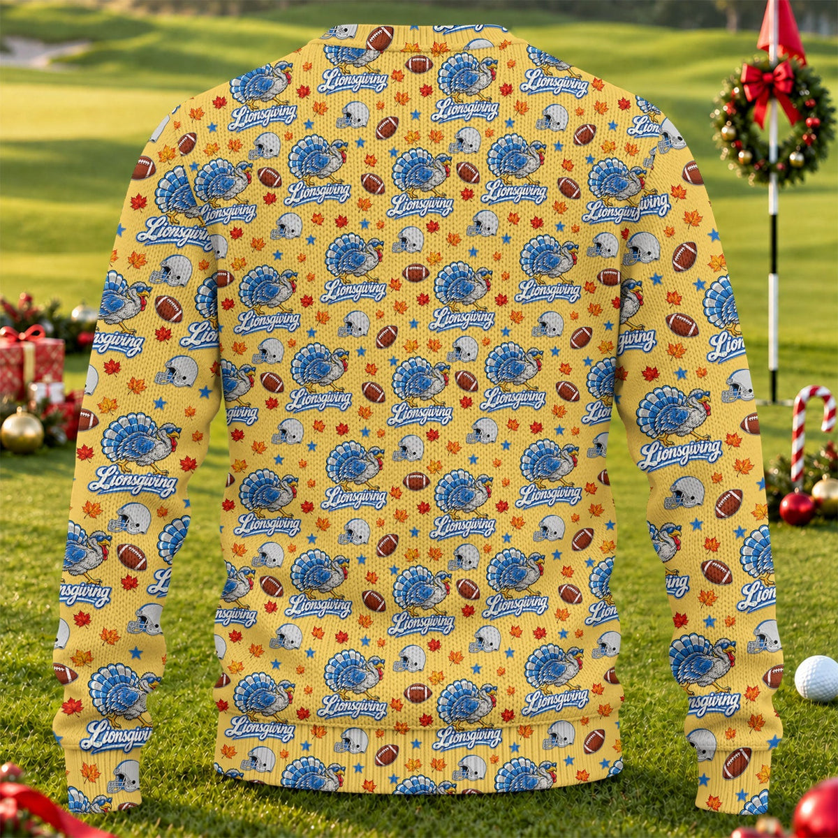 Ugly Christmas Sweater Lionsgiving Shirt, Thanksgiving Yellow Football, Gobble Gobble