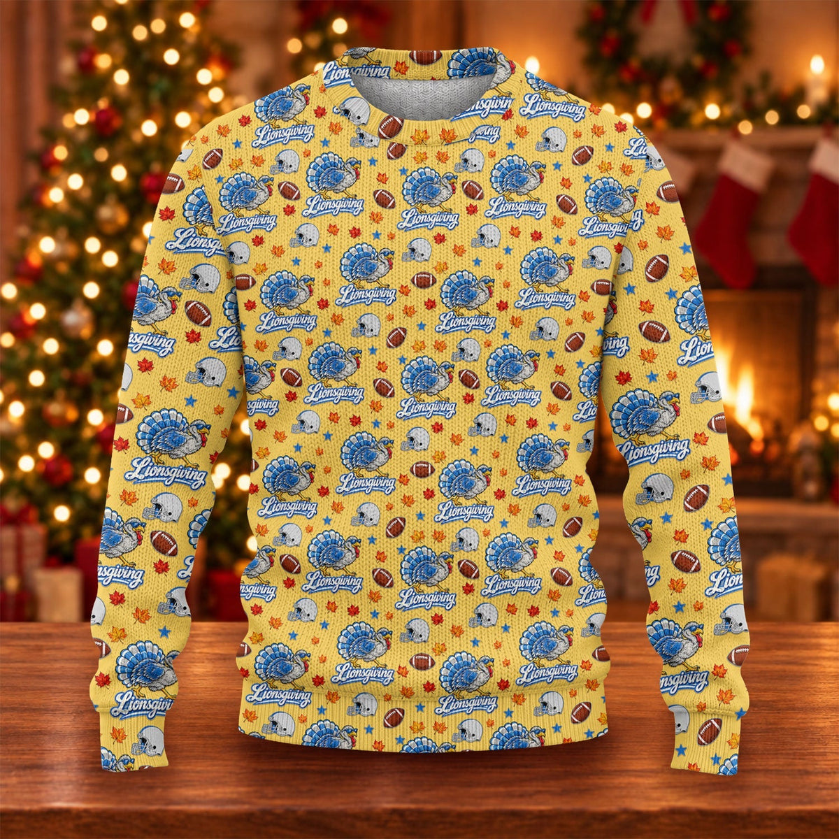Ugly Christmas Sweater Lionsgiving Shirt, Thanksgiving Yellow Football, Gobble Gobble