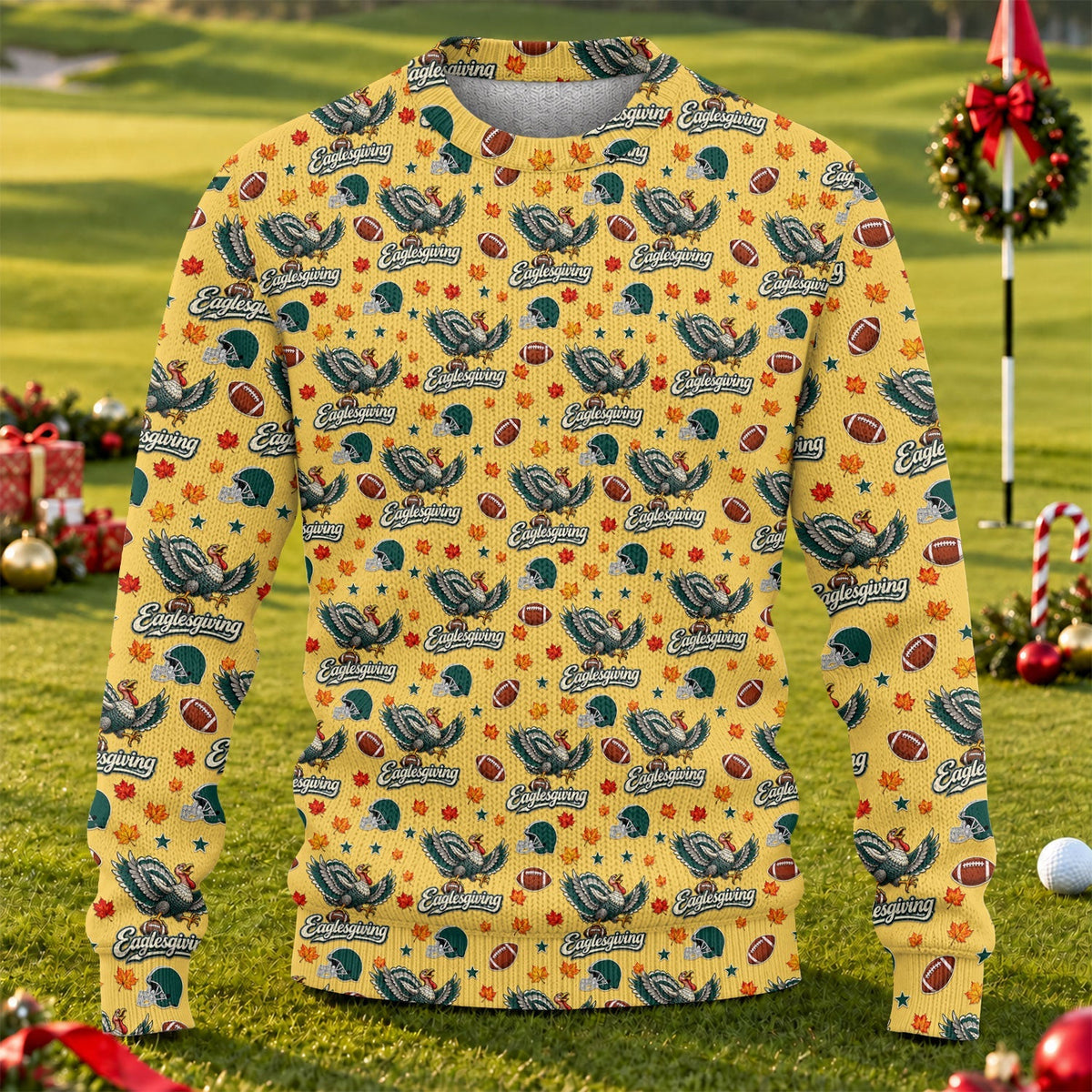 Ugly Christmas Sweater Eaglesgiving Shirt, Thanksgiving Yellow Football, Game Day