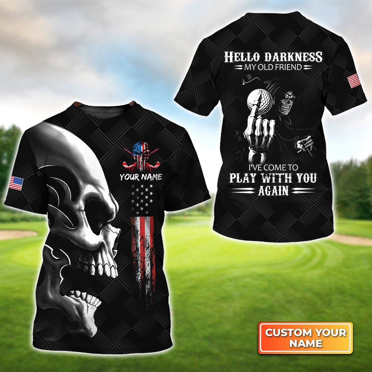 Golf American Flag Hello Darkness My Old Friend - Personalized Name 3D Tshirt Gift For Golfer