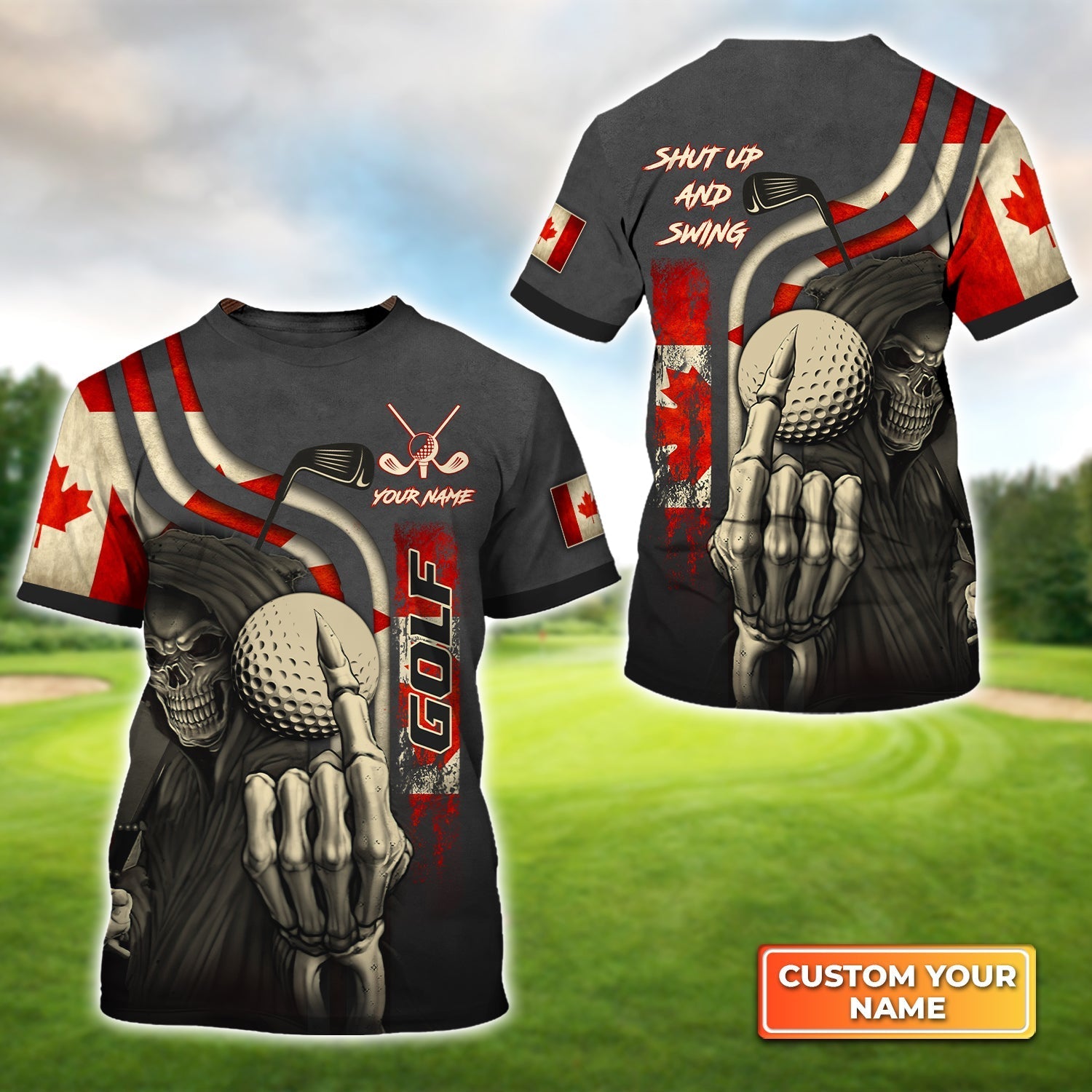 Canada Flag Skull Golf Shut Up And Swing - Personalized Name 3D Tshirt Gift For Golfer