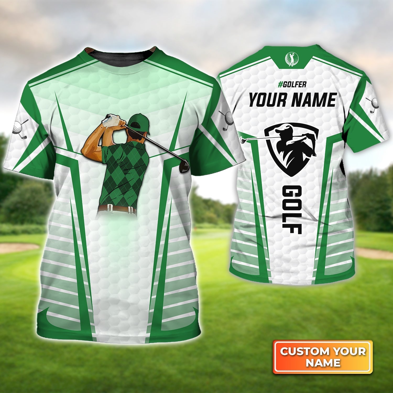 Golf Swing Green Abstract With Golf Club - Personalized Name 3D Tshirt