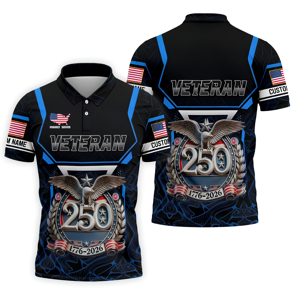 Personalized Veteran America 250 Polo Shirt Blue Accent, Golf Apparel For Men, Mens Golf Polo