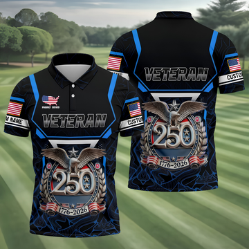 Personalized Veteran America 250 Polo Shirt Blue Accent, Golf Apparel For Men, Mens Golf Polo