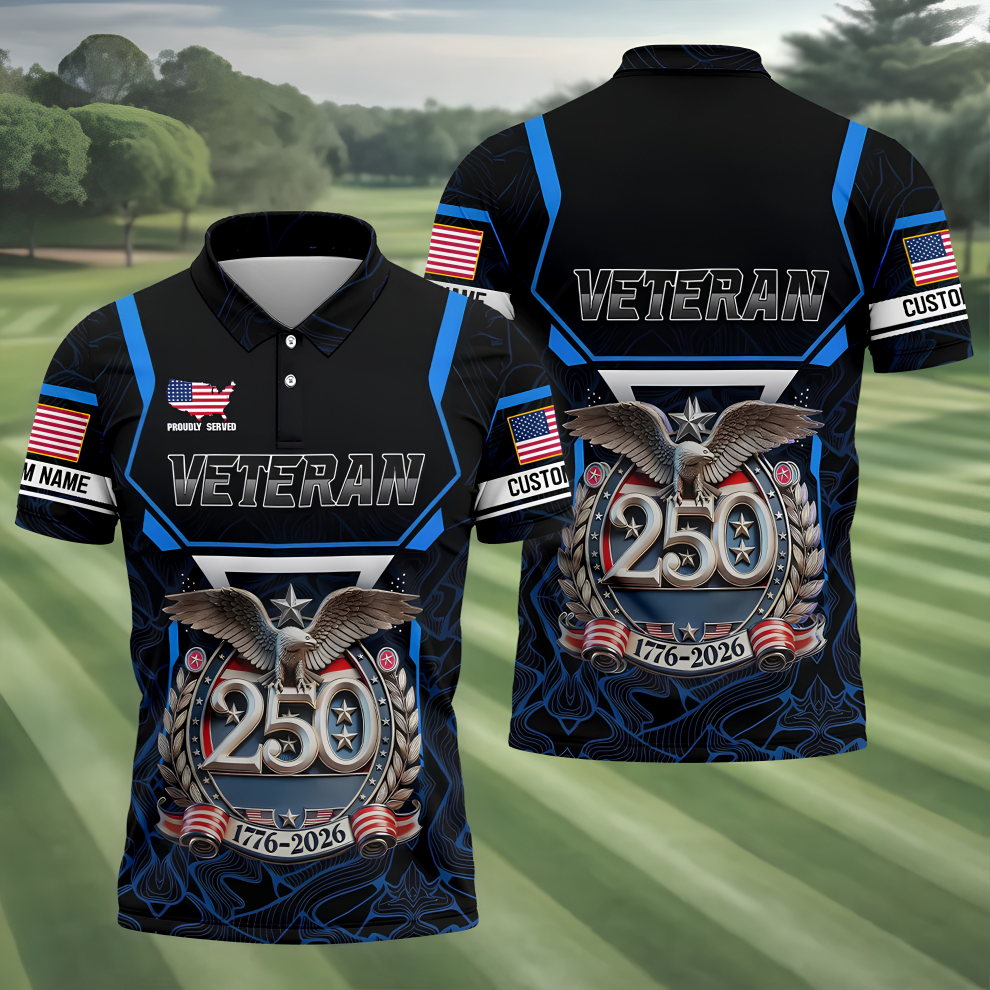 Personalized Veteran America 250 Polo Shirt Blue Accent, Golf Apparel For Men, Mens Golf Polo