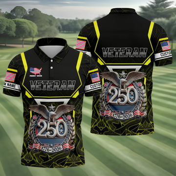 Personalized Veteran America 250 Polo Shirt Yellow Accent, Golf Shirts For Men, Mens Golf Apparel