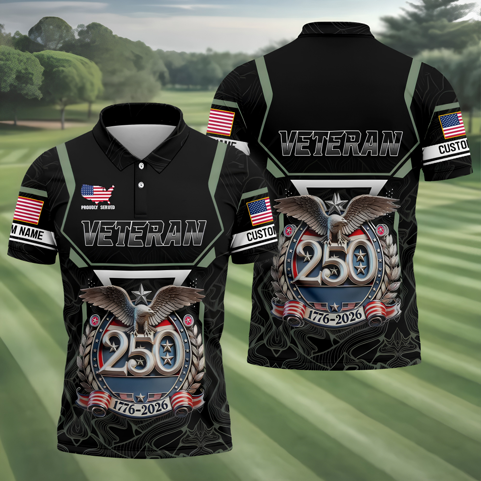 Personalized Veteran America 250 Polo Shirt Gray Accent, Golf Polo Shirts For Men, Mens Golf Shirts