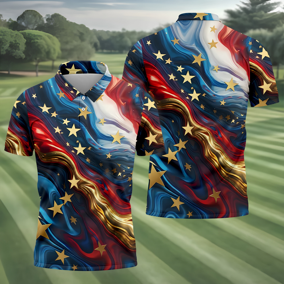 Abstract American Flag Stars Golf Polo Shirt, Mens Golf Shirts, Hawaiian Golf Shirt