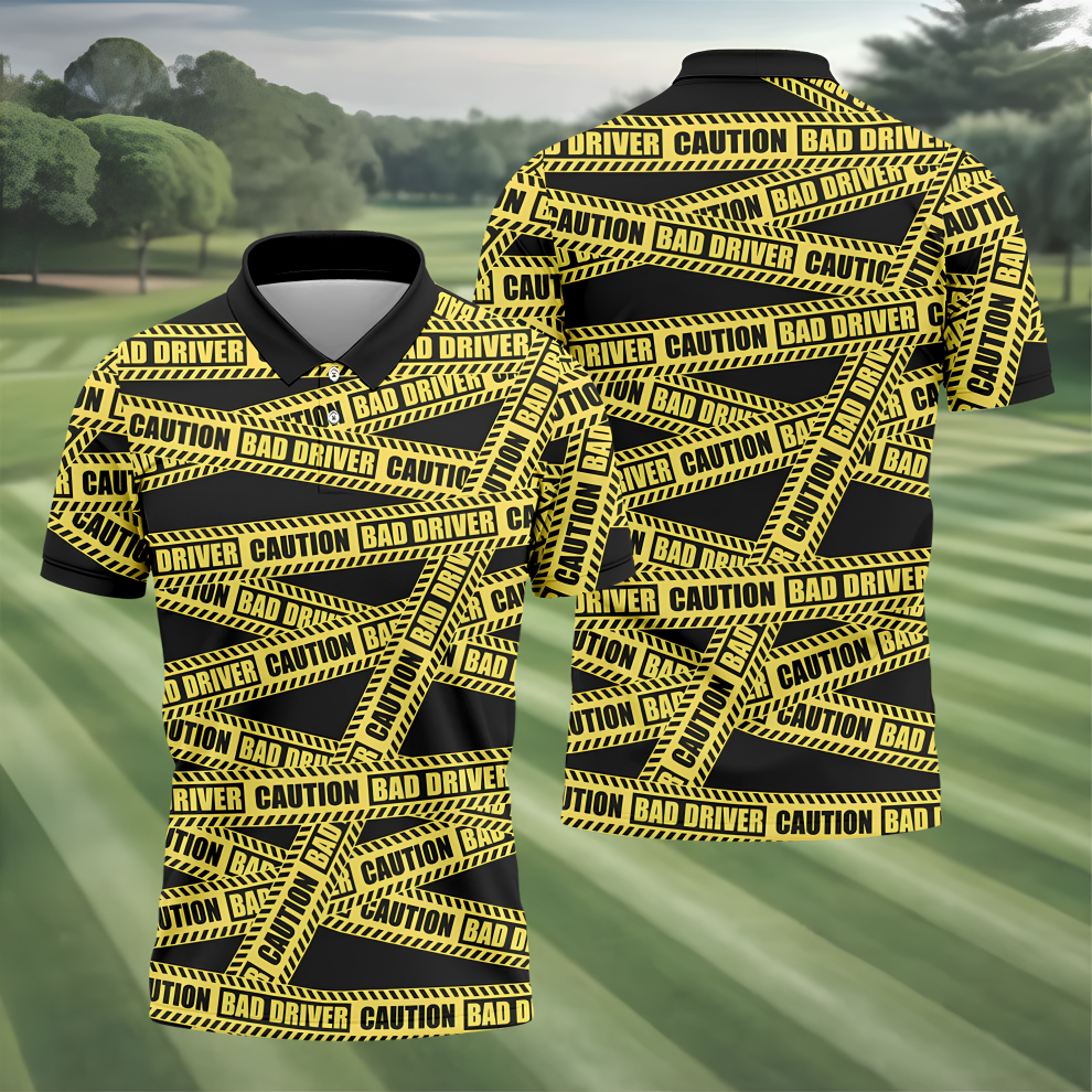 Funny Bad Driver Caution Tape Golf Polo Shirt, Golf Shirts For Men, Printed Golf Shirts